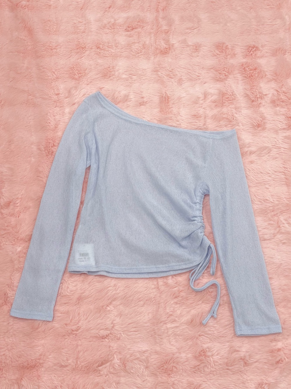 One-Shoulder Baby Blue Semi-Sheer Long Sleeve Blouse